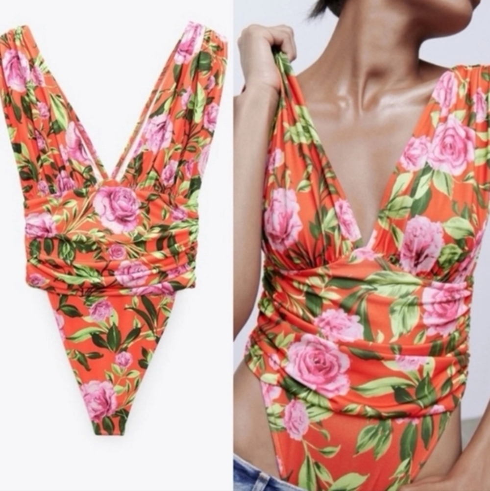 ZARA | Floral | Deep V Bodysuit | NWT |‎ Size S​
